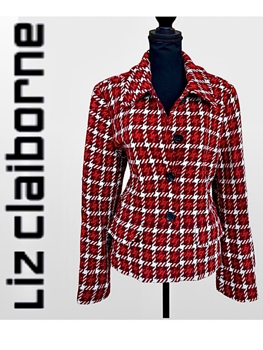 LIZ CLAIBORNE Vintage Wool Blend Houndstooth Peplum Maroon Orange Jacket (XL)